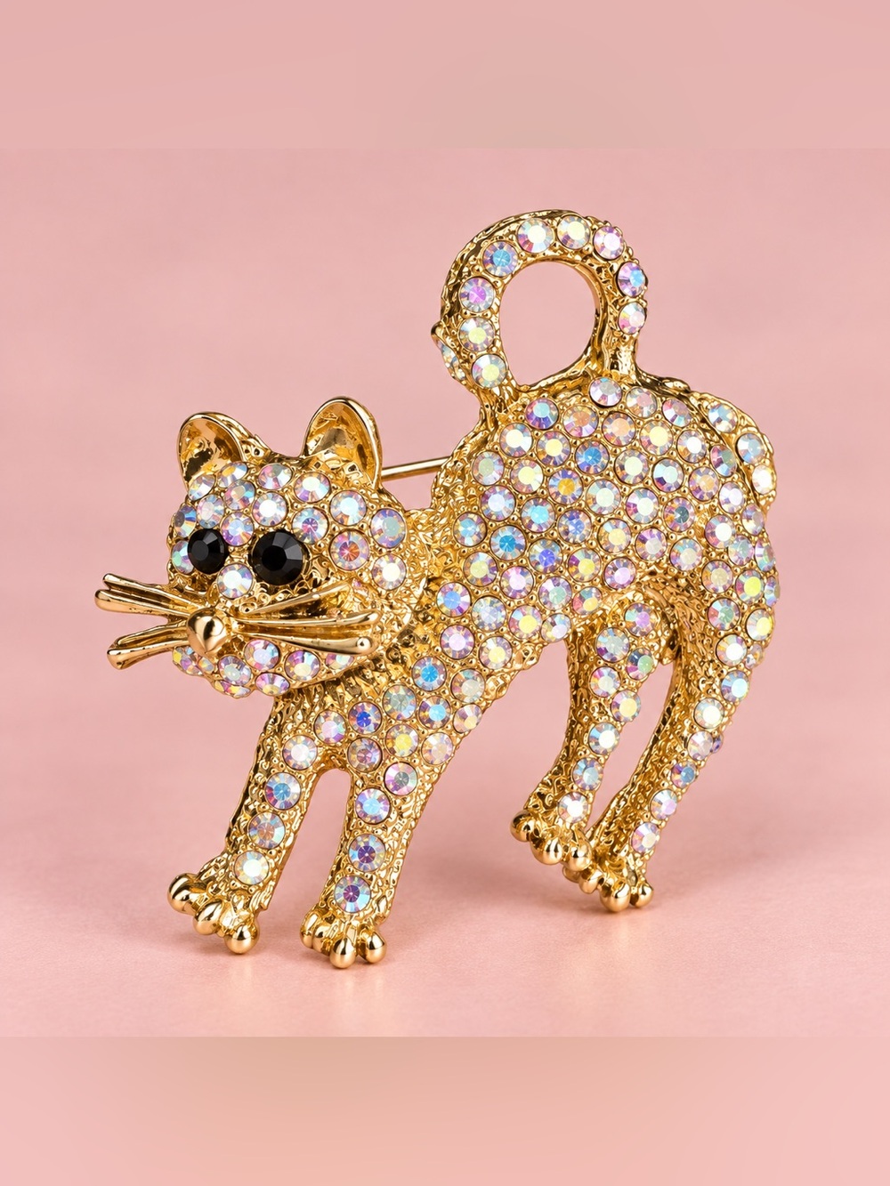 Gold Crystal Cat Brooch Pin - Iridescent Gem Accent